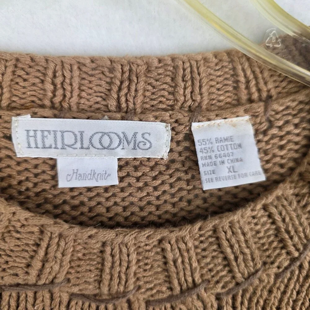 Vintage Heirloom Handknit Sweater XL Tan Deadstock Cottagecore Granny Oversized